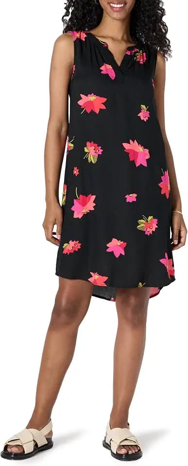 Amazon Essentials Women's Sleeveless V-Neck Woven Shift Dress with Curved Shirttail Hem, Breathable Drapey Fabric