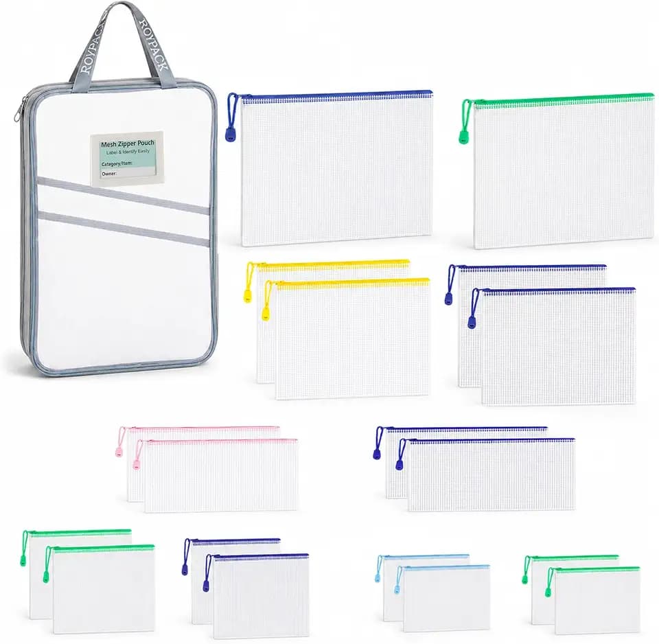 19pcs Mesh Zipper Pouches with Organizer Bag, 5 Sizes Zipper Bags