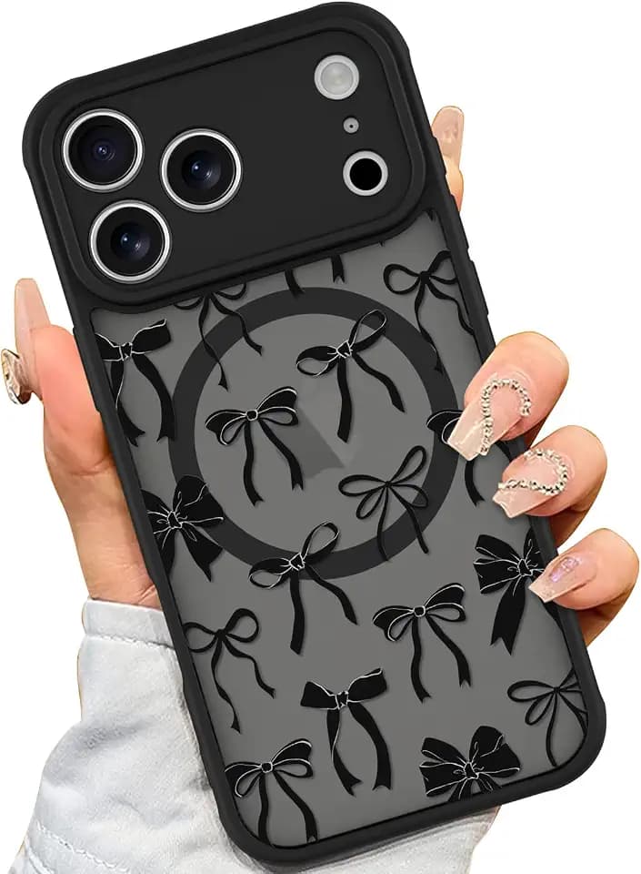 AIGOMARA Magnetic Case for iPhone 17 Pro, Black Ribbon Bow Pattern