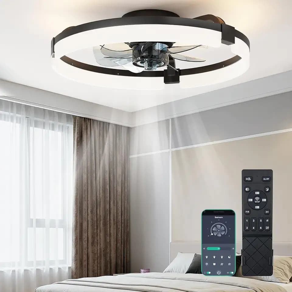 NEWBULIG Ceiling Fans with Lights and Remote & App Control, 19.7 Inch Ceiling Fan, 3000K-6500K Dimmable LED Low Profile Fandelier with 6 Wind Speeds, Flush Mount for Bedroom Living Room, Black