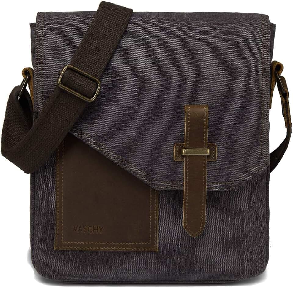 VASCHY Klein Umhängetasche Herren, Vintage Leinwand Herrentasche Echtes Leder Schultertasche Klassische Kuriertasche Crossbody für Arbeit, Schule, Alltag Dunkelgrau