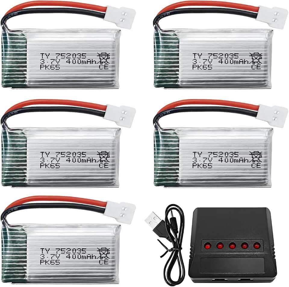 5Stück 3.7V 400mah Lithium Akku mit 5in1 Ladegerät für H99W H31 H6C H98 AT-96 TR-C385 TR-P51 TR-F22 RC Drohne (Rot)