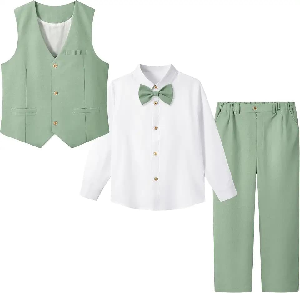 LOLANTA 4STK Pagen Jungen Anzug Leinen Weste Hose Hochzeitsanzug, Kinderweste Set, Taufe Zeremonie Prom Geburtstag Partykleidung, Weste+Hose+Hemd+Fliege