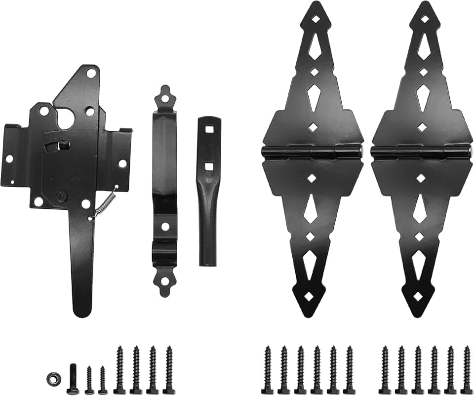 8" Heavy Duty Decorative Strap Hinges and Spring Loaded Latch Kit with Screws for Outdoor Fence Swing Gate Black Finish，Wood Gate Hardware Set，with Handle (1, Black)