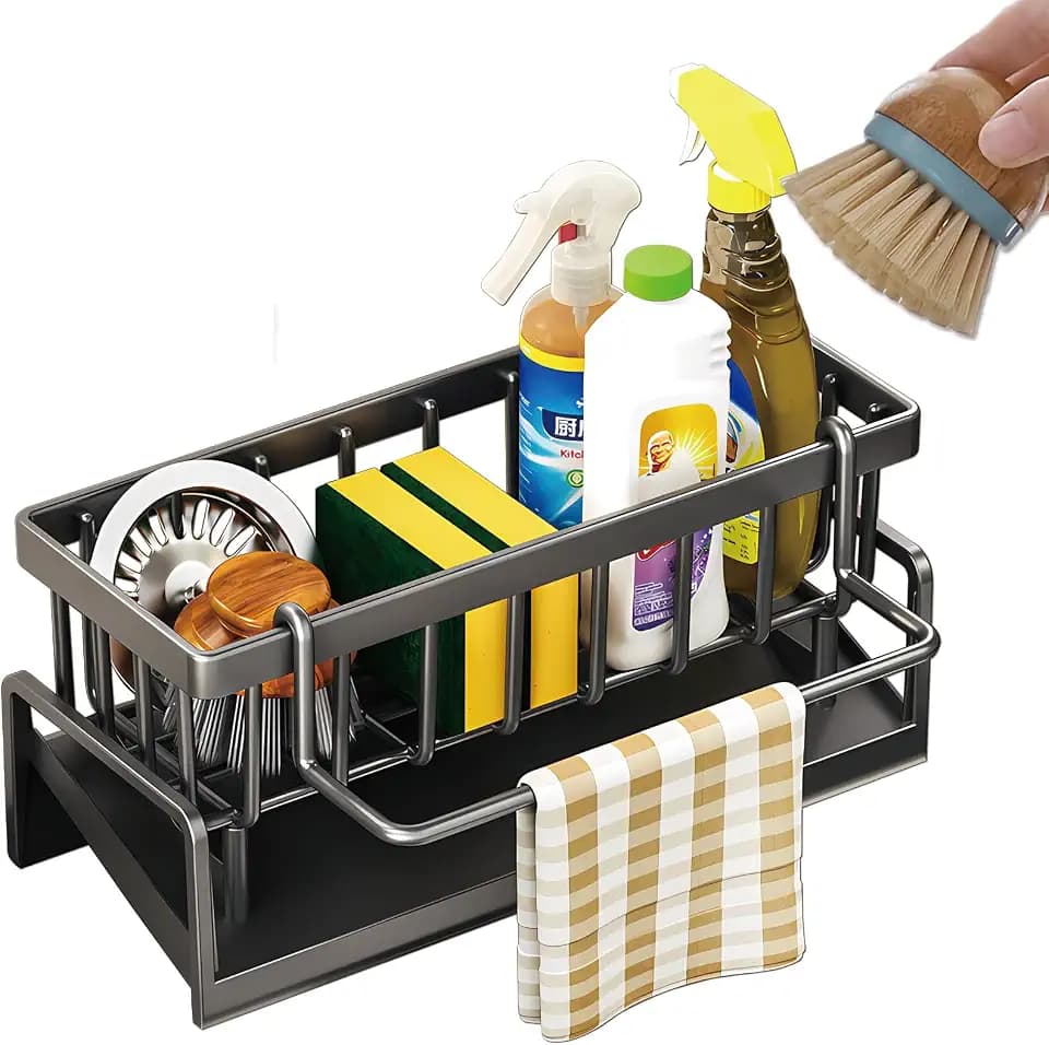 Kitchen Sink Caddy Organizer, Stainless Steel Sink Sponge Holder,45°Tilt Self-Drainage, Sponge Drain Rack with Dish Brush Holder,Removable Dishcloth Rack for Kitchen Storage Dispenser,Grey