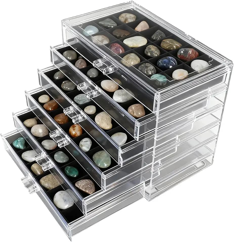Rock Vitrine, Acryl Rock Sammelbox, 6 Etagen 108 Fächer(3x3.5cm), Schmuckschatulle Aufbewahrungsbox mit Fächern für Kleine Fossil-Kristalle, Sammlerstücke, Edelsteine, Steine (6 Etagen)