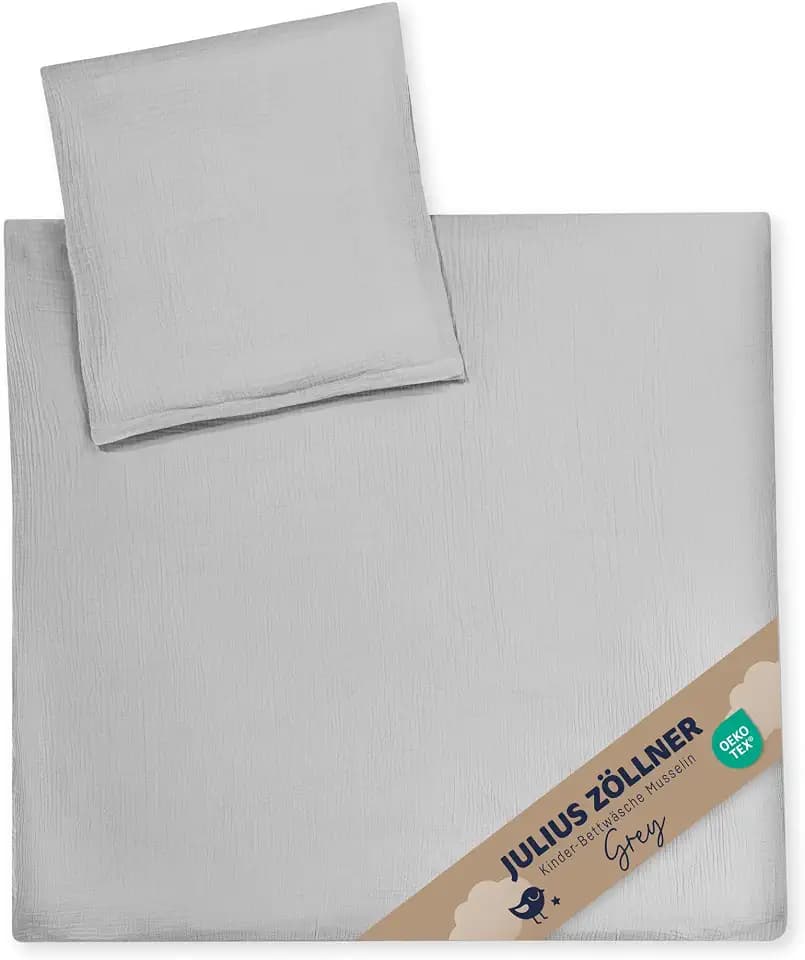 Julius Zöllner Musselin Kinderbettwäsche 80x80 + 35x40 cm | 2-teiliges Set aus Deckenbezug und Kissenbezug aus 100% Baumwollmusselin | Oeko-TEX Standard 100 | grau
