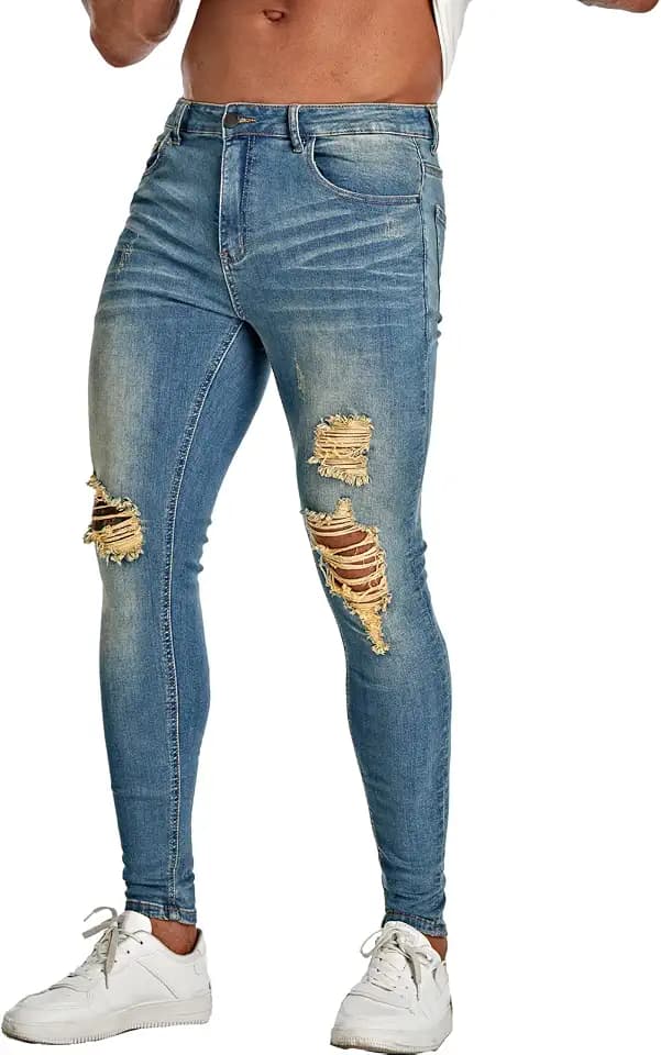 Men's Super Skinny Stretch Tapered Leg Slim Fit Ripped Distressed Jeans…