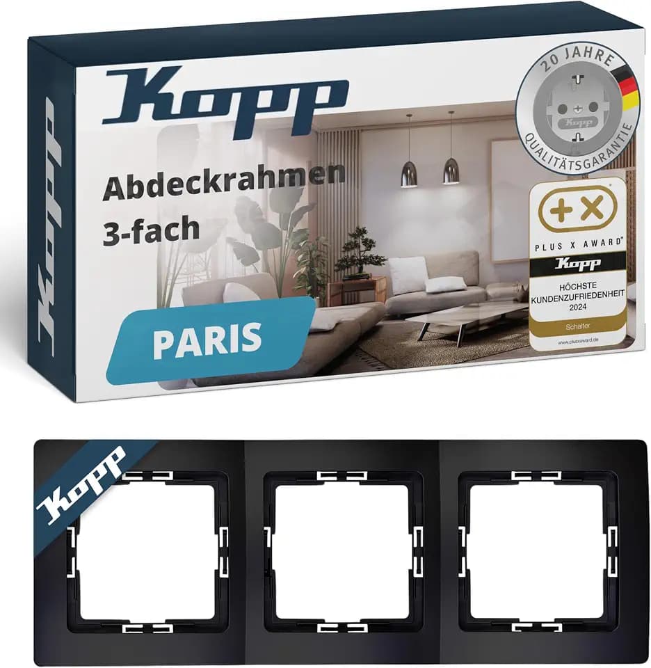 Kopp PARIS 3-fach Abdeckrahmen in Matt-Schwarz - 8,3 x 22,5 cm - Rahmen für Steckdosen & Schalter - Stilvoller Steckdosenrahmen aus Kunststoff - Hochwertiger Lichtschalter-Rahmen