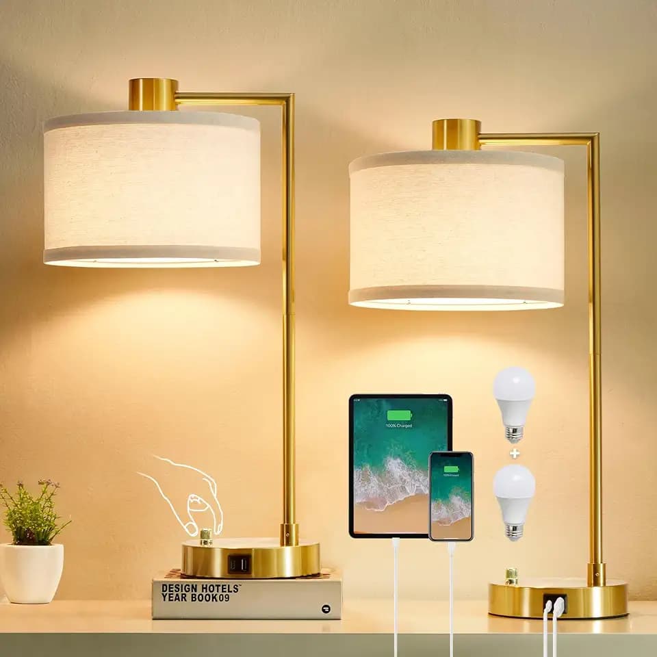 Gold Table Lamp Set of 2, Dimmable Bedside Lamps for Night Stands, USB A+C