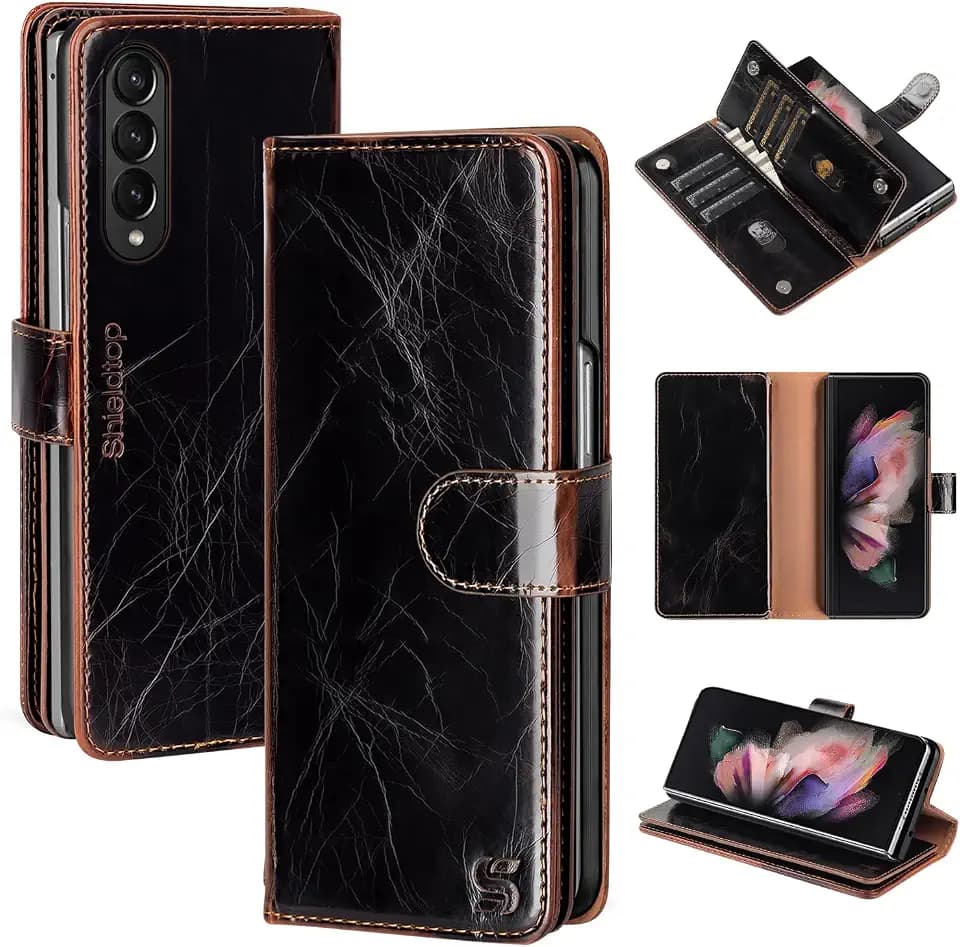 Shieldtop for Samsung Galaxy Z Fold 3 Wallet Case with Card Holder,Coffee