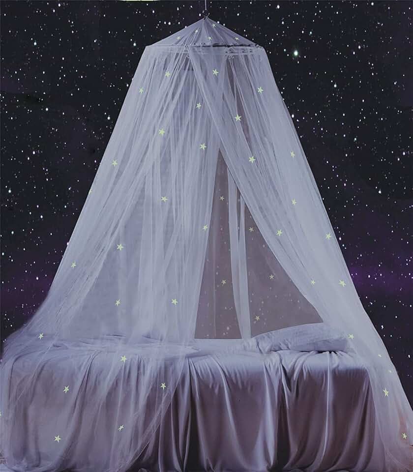 South to East White Bed Canopy for Girls with Glowing Stars, Gift for Girl