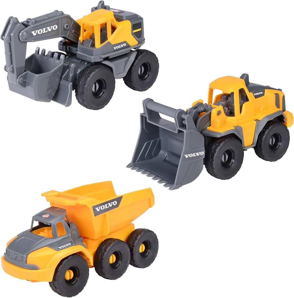 Dickie Toys Volvo Construction Set (je 16 cm) - 3 Baustellenfahrzeuge für Kinder mit Bagger Spielzeug, Radlader & Kipplaster, mit Freilauf ab 3 Jahren - 203722015