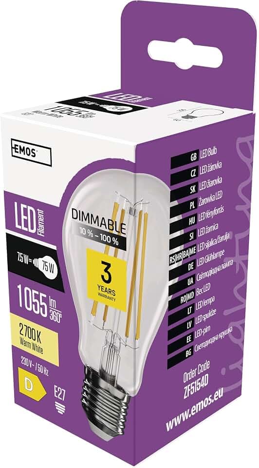 EMOS dimmbare Edison LED Lampe Filament A60, 7,5W Ersatz für 75W Glühbirne, Vintage-Stil mit E27 Sockel, Helligkeit 1055 lm, Warmweiß 2700 K, 25000 Stunden Lebensdauer, CRI 80, 320° Abstrahlwinkel