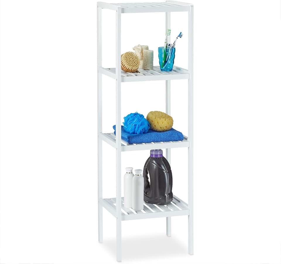 Relaxdays Bambus Badregal mit 4 Ablageflächen, HxBxT: 110 x 34,5 x 33 cm, hohes Standregal, freistehend, Holzregal, weiß