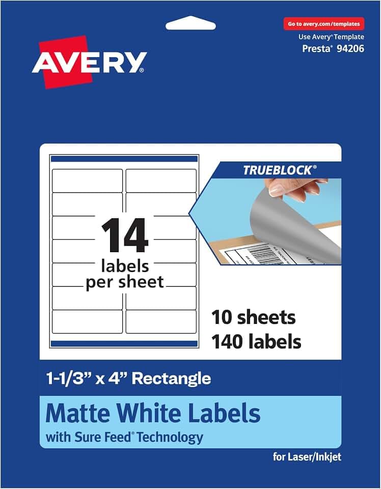 Avery TrueBlock Matte White Rectangle Labels, Sure Feed Technology, 1-1/3" x 4", 140 Matte White Labels, Laser/Inkjet Printable, Great for Packaging and Product Merchandising