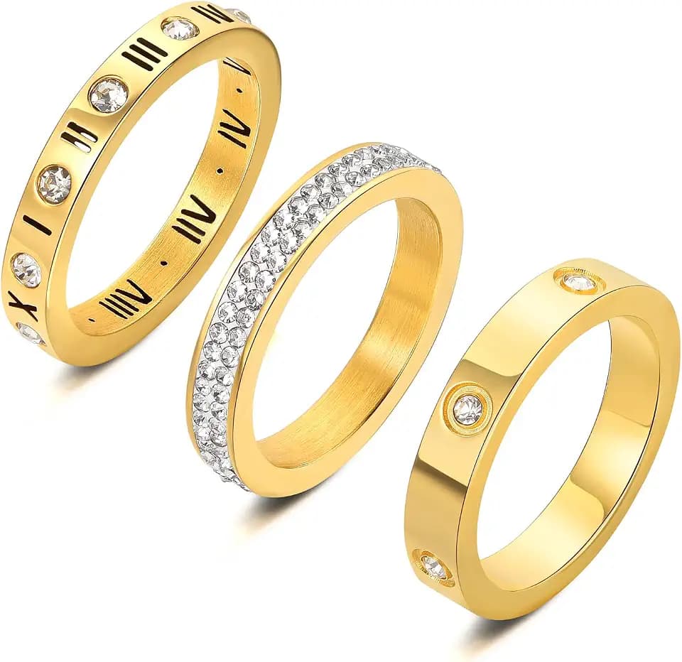 3pcs Love Friendship Lucky Ring Cubic Zirconia Gold Ring Sets for Women Stainless Steel Wedding Statement Thumb Ring Bands