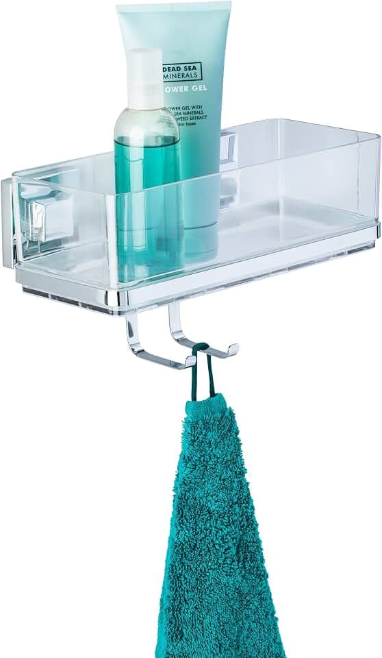 WENKO Vacuum-Loc Badezimmer Wandregal Quadro mit Haken, 2 Etagen, Mit herausnehmbarer Schale, Befestigen ohne Bohren, Rostfreier Edelstahl/Kunststoff, 25,5 x 15 x 14 cm