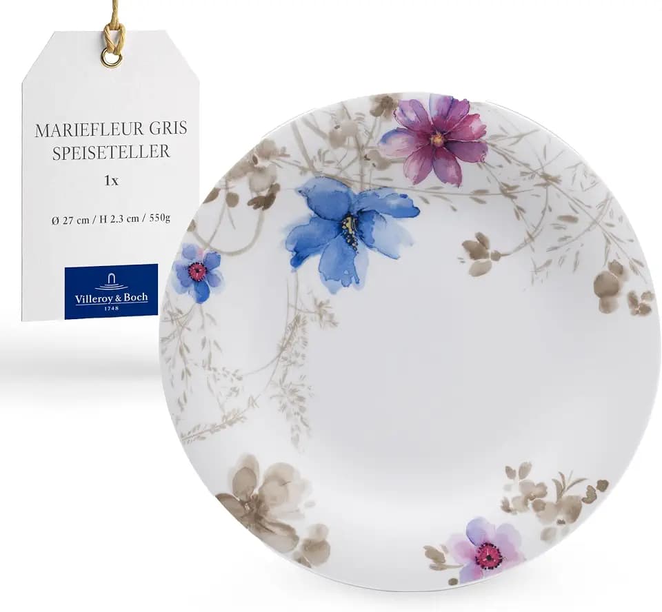 Villeroy & Boch - Mariefleur Gris Basic Speiseteller 27 cm Bunt, Spülmaschinenfest, Mikrowellensicher, Geschirr Blumen, Teller, Essteller Keramik, Premium Porzellan