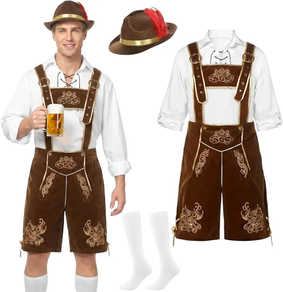 Bayerische Lederhosen Herren Kostümset, Oktoberfest Herren Outfit, Braune Lederhose Herren Tracht mit Trägern, Weiße Socken, Hemd Hut Set für Oktoberfest, Karneval, Kostümfeste, Halloween