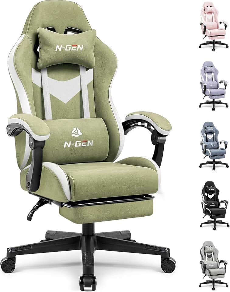 N-GEN GAMING Gaming Chair, Reclining Backrest, Footrest, Fabric, Green