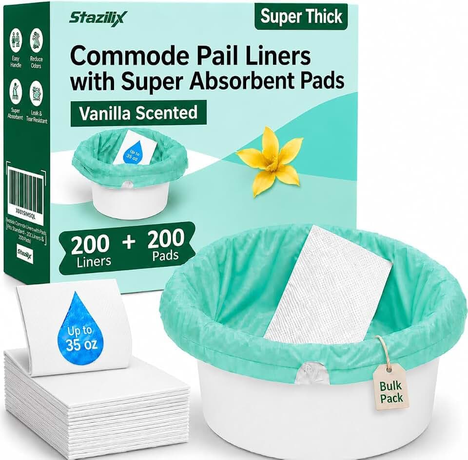 Bedside Commode Liners with Absorbent Pads Bulk Pack, 200 Liners + Pads for Elderly, Adults and Seniors
