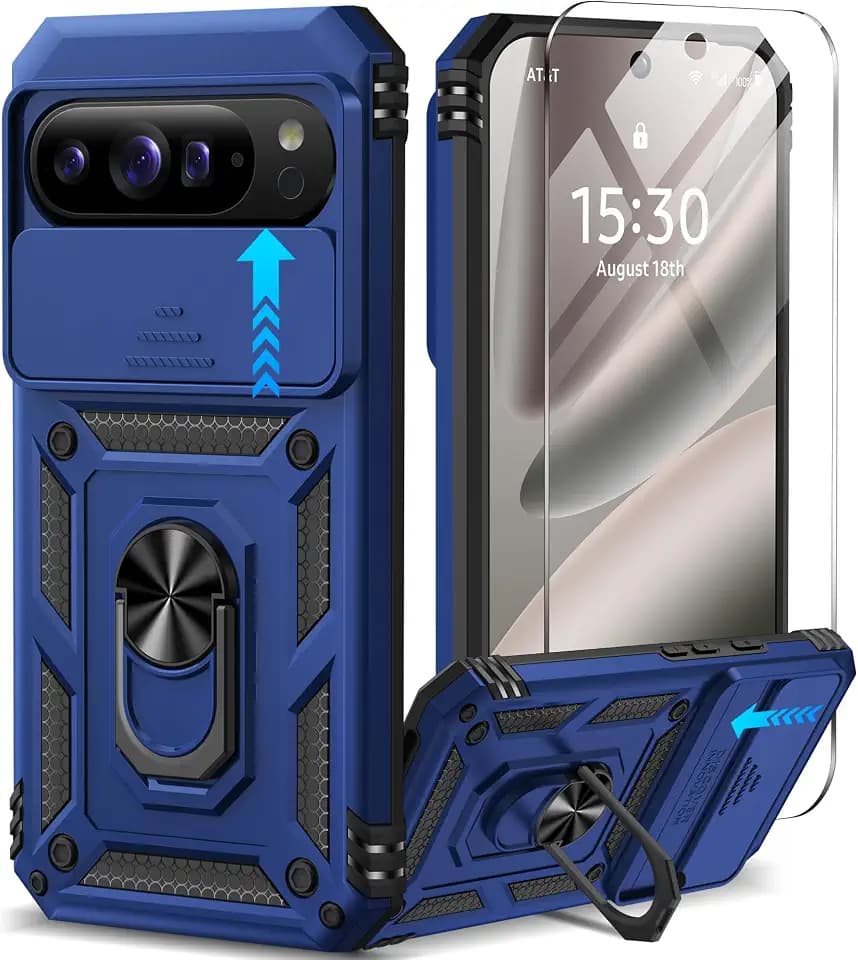 Taisairu for Google Pixel 10 Pro XL Case with Screen Protector & Slide Camera Lens Cover,Built-in 360°Rotate Magnetic Ring Stand Shockproof Protective Phone Case for Pixel 10 Pro XL Case (Blue)