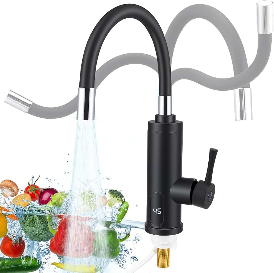 Wasserhahn mit Durchlauferhitzer Küche, 220V Elektrischer Wasserhähne mit Flexibler Auslauf und LCD Temperaturanzeige, 360º Drehung Silikonschlauchhahn, 304 Edelstahlgehäuse Wasserhahn (02)