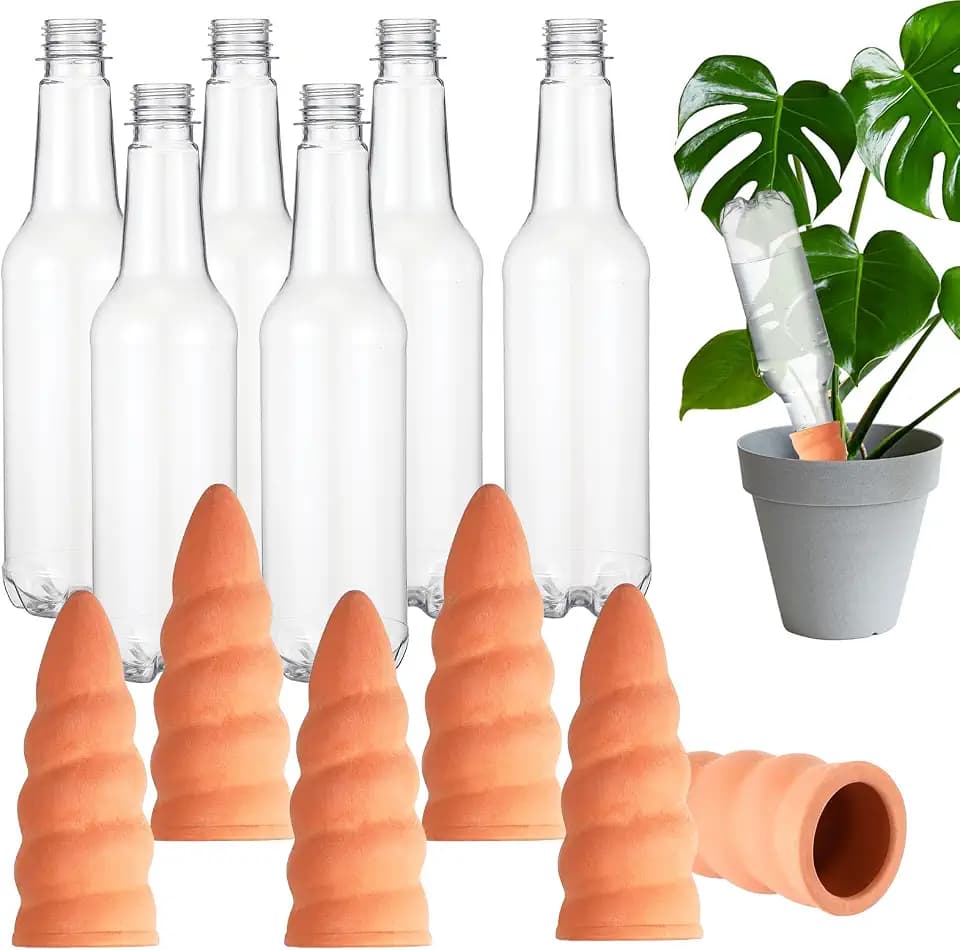 Baderke 6 Sets Plant Watering Stake Devices Include Terracotta Self Watering Spikes and 500 ml Plastic Wine Bottles for Vacation Indoor Outdoor Plant