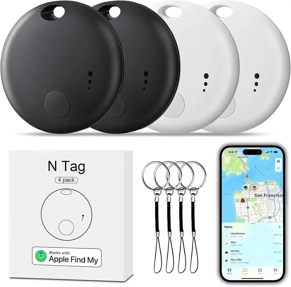 Tracker Tag 4 Packs Bluetooth Tracker, Smart Tag Locator Tracking Device, Keys Finder and Item Locator,Air Tracker Item Finders with Find My(iOS Only) Track Your Keys (White and Black, 4 Pack)