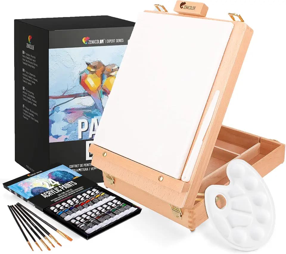 Acrylfarbe Set für Künstler 34-teilige - mit Malkoffer für Erwachsene aus Holz, Staffelei 24 Tuben Acrylfarben, 6 Malpinsel, Leinwand, Spachtelmesser und Mixpalette