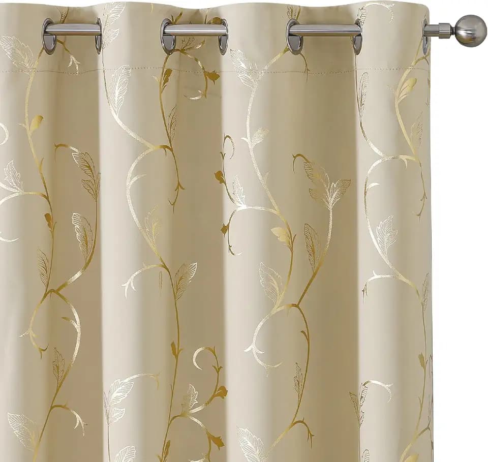 BUHUA Blackout Curtains Gold Foil Print Flower Vine Grommet Drapes, Room Darkening Thermal Insulated Curtains, Noise Reducing Curtain for Bedroom, Beige, 66Wx84L, 2 Panels