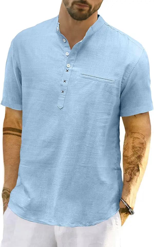 LVCBL Linenhemd Herren Kurzarm Leinen Kurzarm Henley Hemd Sommer Leicht Banded Collar Strand Tops M-3XL