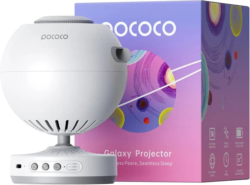 POCOCO Sternenhimmel Planetarium Projektor, 5K-Galaxie-Discs,Weiß | 6-h-Akku, Wechsel-Discs, 3 Timer-Modi, sanftes Licht zum Einschlafen, Lernen, Meditieren, Stressabbau und Verschenken