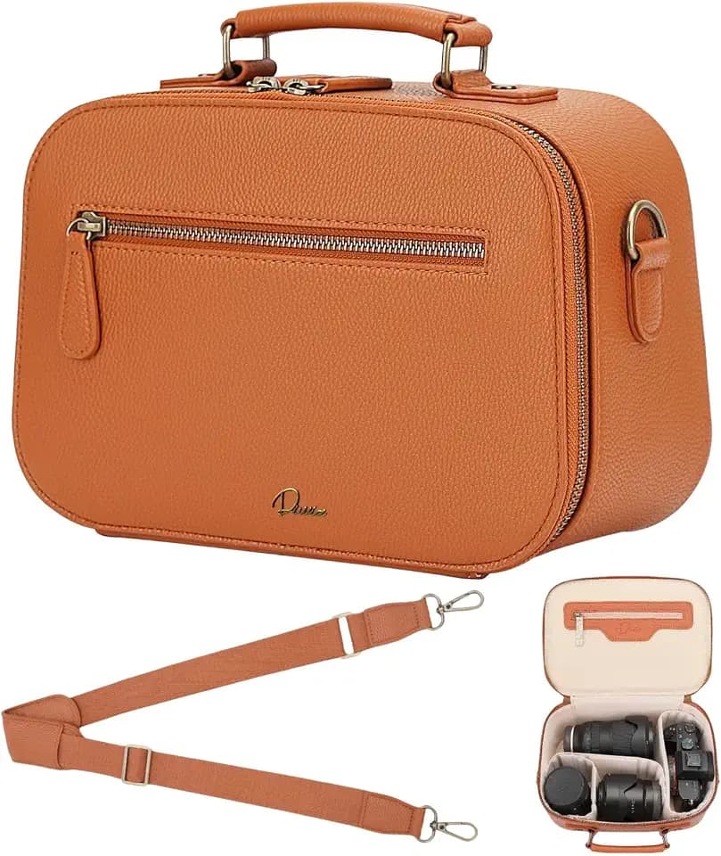 Camera Sling Bag, Waterproof PU Leather Crossbody Camere Bag for Photographers, Small Shockproof Case with Removable Dividers for DSLR/SLR/Mirrorless, 4L Brown