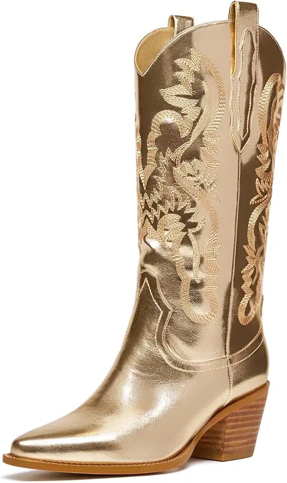 Glitter Wide Calf Metallic Embroidered Cowboy Boots For Women Sparkly Mid Calf Chunky Heel Pull on Pointy Toe Western Cowgirl Boots Fashion Vintage Short Booteis For Girl
