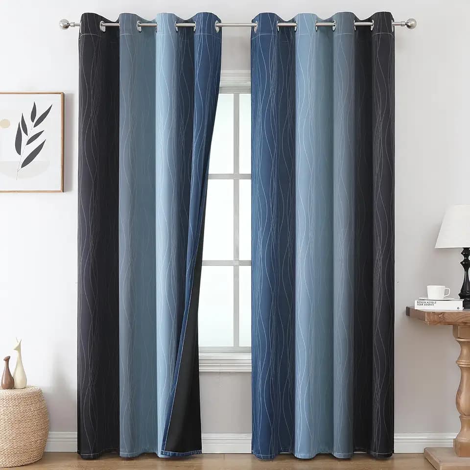 Navy Blue and Black Ombre Blackout Curtains for Living Room 84 Inch Length