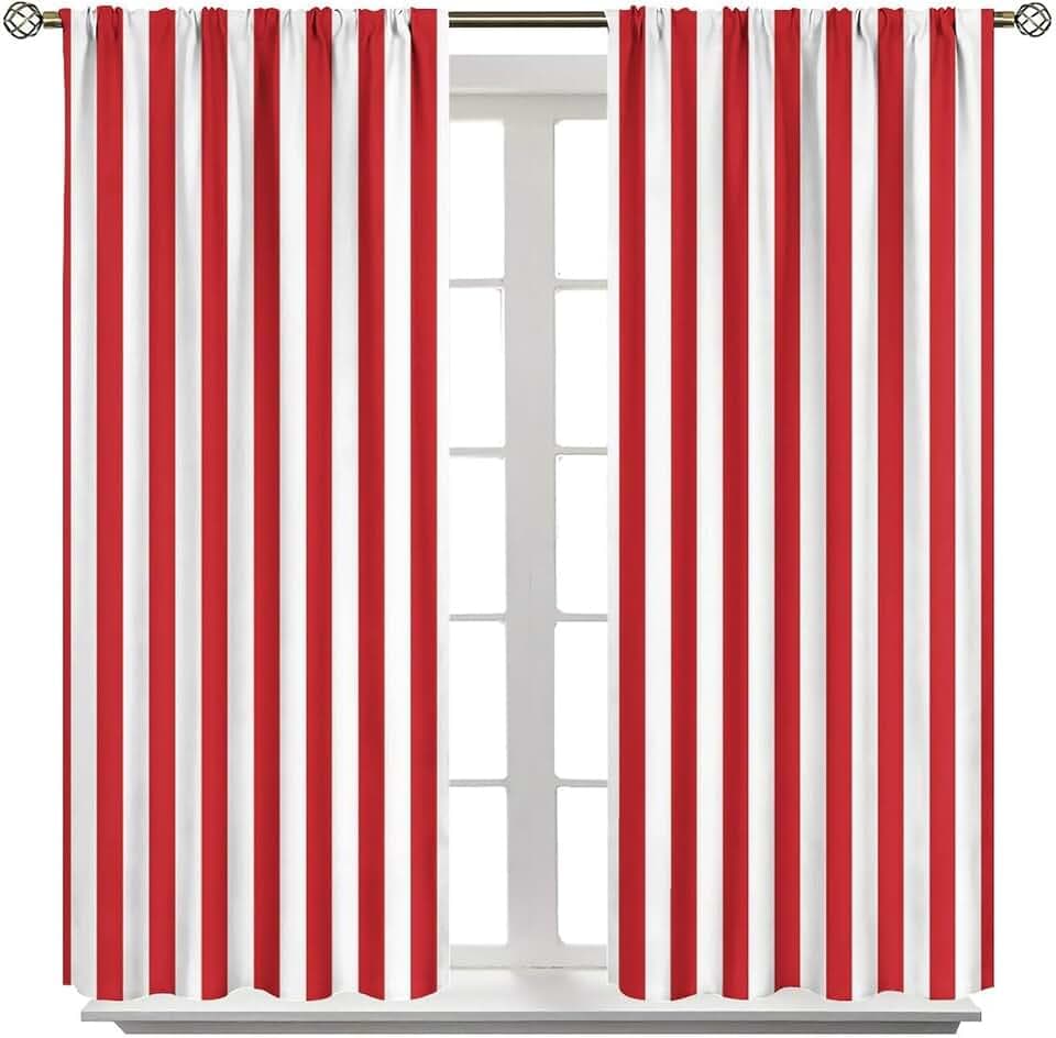 Stripe Curtains for Kitchen Decor, Abstract Classic Red and White Stripe Beautiful Color Window Treatments, Rod Pocket Thermal Insulation Drapes for Bedrooom Living Room, 42" W X 45" L
