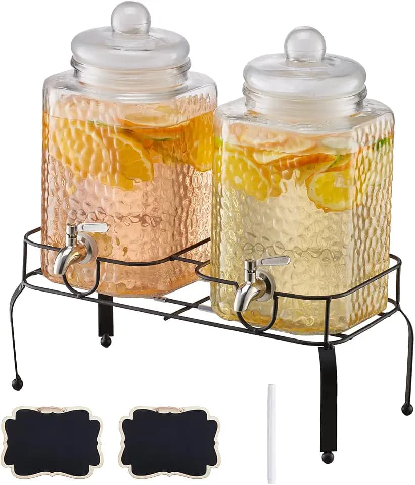 VEVOR Getränkespender (2 x 5,5 L) für Partys Saftspender (aus Glas) mit tropfsicherem Zapfhahn & Metallständer Wasserspender für Restaurants Partys, Limonade selbstgemachte Getränke Spender