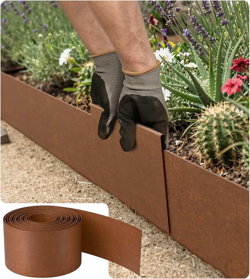 Corten Stahl Rasenkante 5 Meter – Metall-Garteneinfassung 15 cm hoch, Dicke 0,6 mm – Stahlkante für Rasenflächen, Metall-Rasenkante, inkl. Inklusive einem Paar Handschuhe und einem Metallverbinder