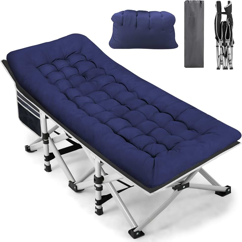 Fragess Portable Camping Cot, Sleeping Cot for Adult, 28" Extra Wide Heavy Duty Folding Cot Max Load 600LBS with Thick Mattress, Portable Camping Bed for Camp Outdoor/Office, Home Nap (Blue)
