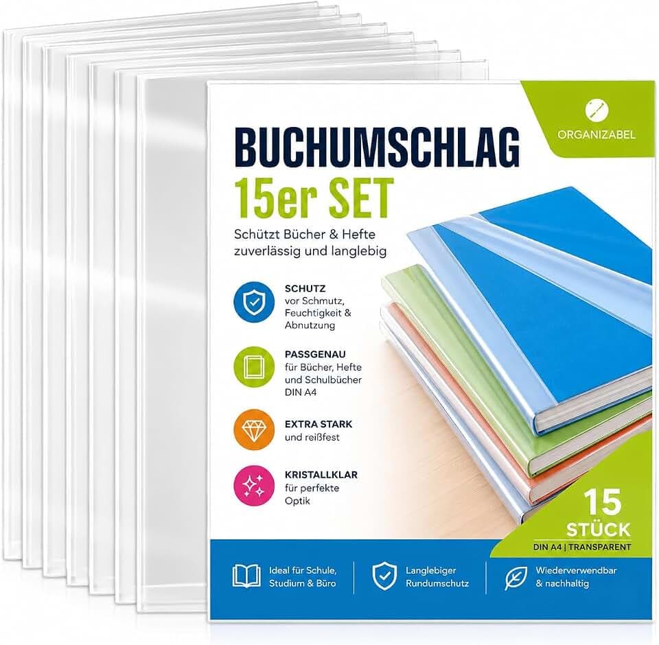 15x Buchumschlag DIN A4 transparent - Buchhülle & Umschlag durchsichtig & klar- für Bücher, Hefte, Buchschoner & Hefthülle