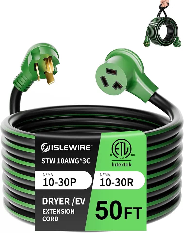 30-Amp 3-Prong Dryer EV Extension Cord, 50 Feet, NEMA 10-30P to 10-30R, 125V/250V Heavy Duty STW 10 Gauge, Waterproof, Perfect for Level 2 EV Charging and Dryer Power Extension, ETL Listed