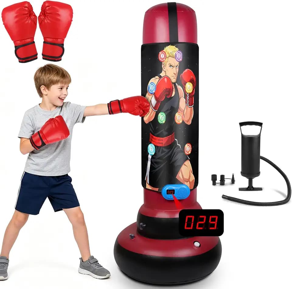 Smart Electronic Punching Bag for Kids, Boxing Bag with Scoring, Lights, Music & 4 Game Modes, Inflatable Boxing Machine with Gloves & Air Pump, Birthday Gift for Boys & Girls Ages 4-12