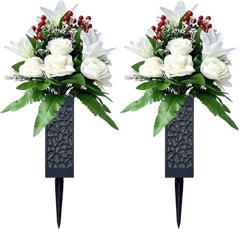 Artificial Cemetery Flowers, 2 Pcs Lily Rose Flowers with Stake Vase
