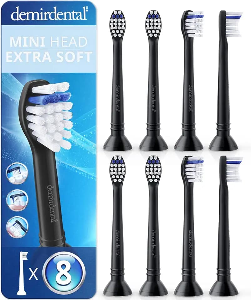 demirdental Mini Extra Soft Replacement Brush Heads Compatible with Philips Sonicare – Small Black Toothbrush Heads for Very Sensitive Teeth & Gums – Replaces HX6088eb – 8 Pack