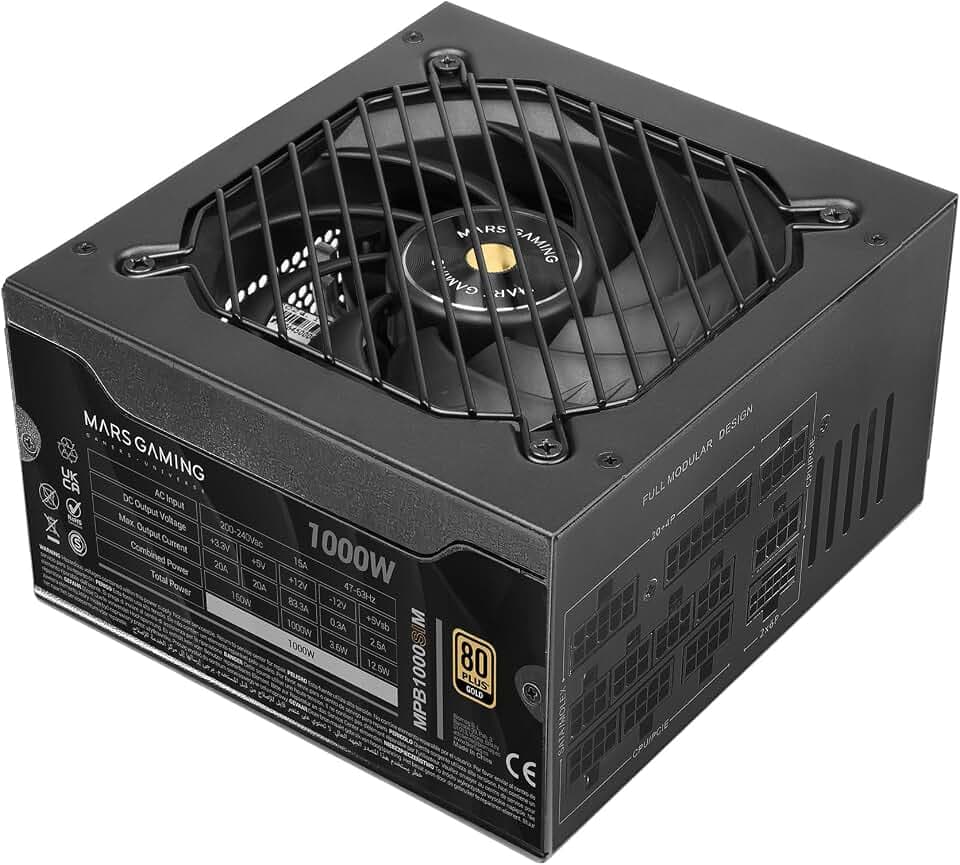 MARS GAMING MPB1000SIM, Vollmodulares ATX 1000W-Netzteil, 7 Jahre Garantie, 80Plus Gold 90%, SI Extreme Silence 140mm-Lüfter, AI2-RPM-Technologien, Japanische Kondensatoren, Schwarz