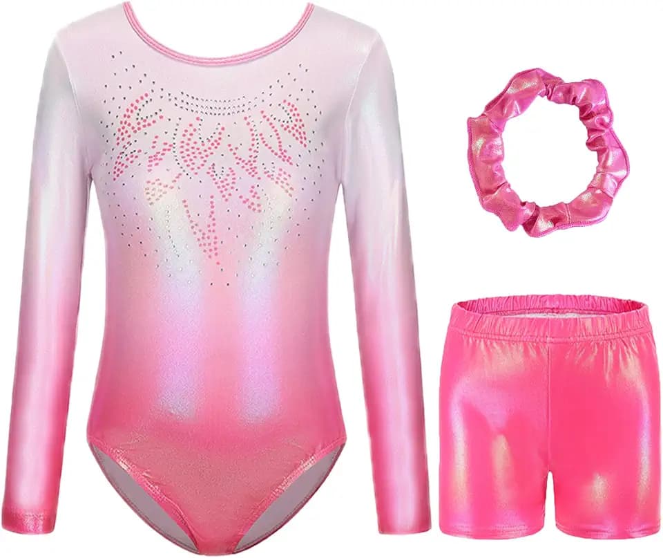 Dreiteilige Gymnastikanzug Mädchen Turnanzug Leotard Turnshorts und Haarband Set, Langarm Ballettröckchen Kleid Trikotanzug Gymnastik Outfit Set für 5-12 Jahre