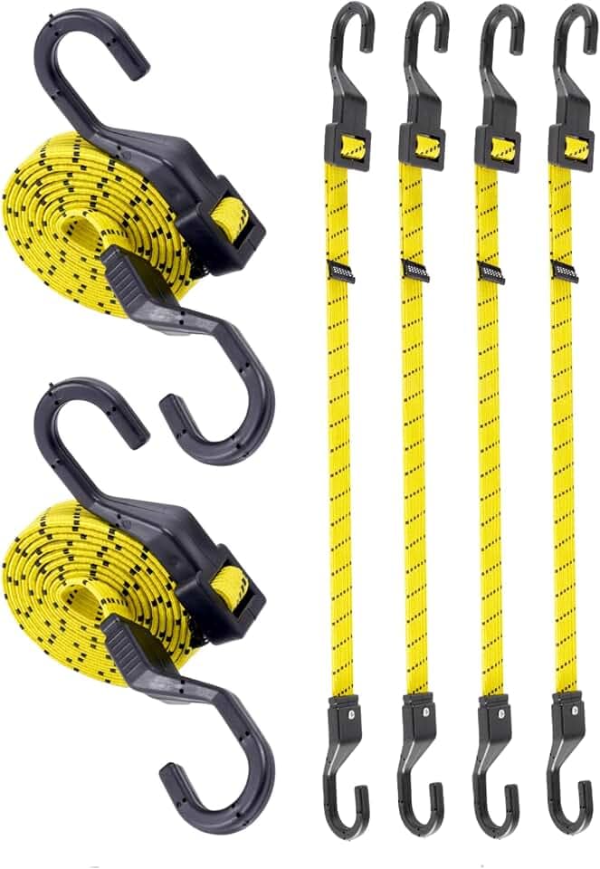 12" Flat Adjustable Bungee Cords with Hooks, 3X Faster to Adjust the Length
