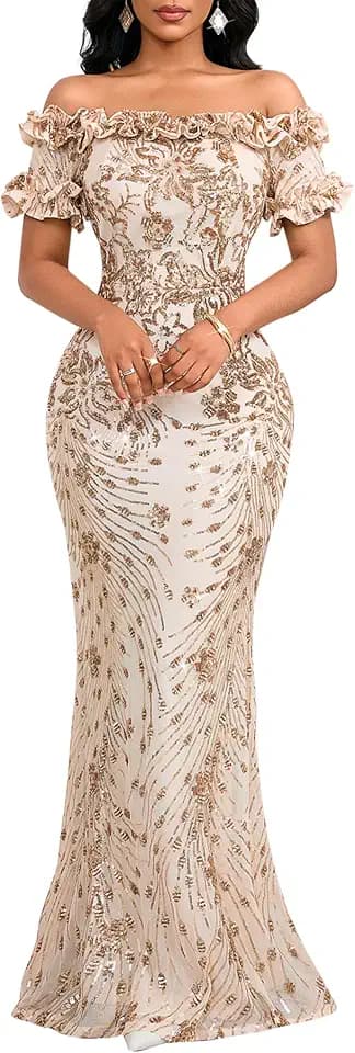 dasmzper Women Sexy Sequin Off Shoulder Ruffle Short Sleeve Bodycon Mermaid Party Formal Evening Maxi Dress